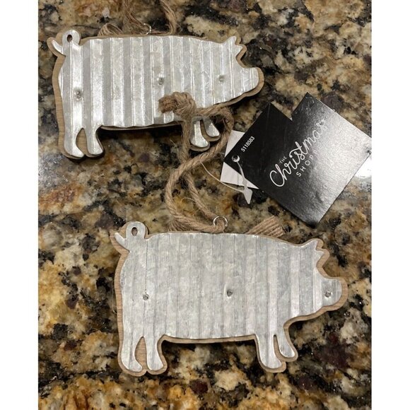 Rustic Farm Animal Ornament Metal Wood Pig Christmas Holiday NEW Set Of 2 - Picture 2 of 4